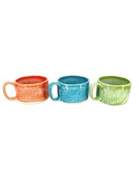 Anthropologie Mariana Ceramic Mugs Melon Teal Green Set of Three